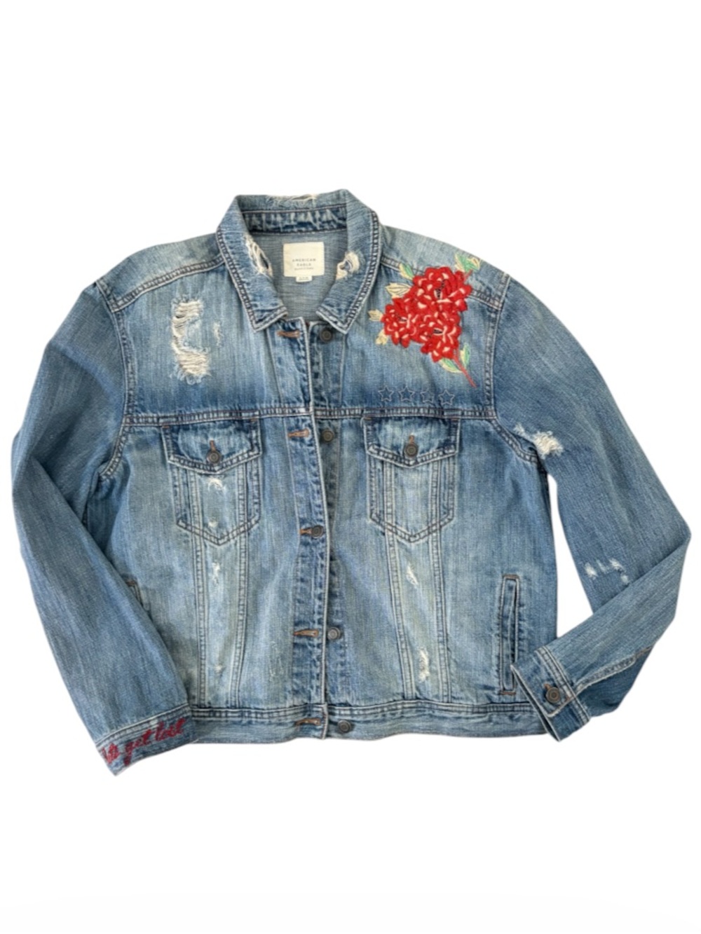 VINTAGE➕AMERICAN EAGLE Embroidered Distressed Denim Jacket